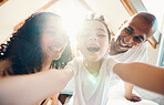 Funny, family and face selfie in home, bonding and laughing together with lens flare. Portrait, happy and girl with father, mother and parents taking profile picture for memory, social media and love