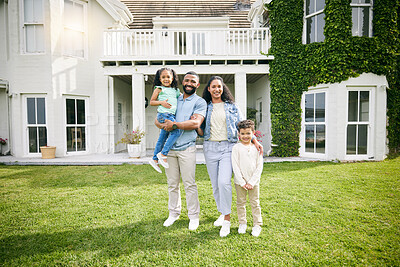 Buy stock photo Parents, children and family at outdoor house for real estate, property investment and holiday or vacation. Mansion, dream home and happy people, father and mother with children portrait in backyard