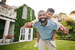 Father, child and piggyback outdoor or garden for real estate happiness, celebration and game at new house. Dream home, freedom and excited child with dad on lawn running and flying on property 