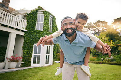 Buy stock photo Father, child and piggyback outdoor or garden for real estate happiness, celebration and game at new house. Dream home, freedom and excited child with dad on lawn running and flying on property 