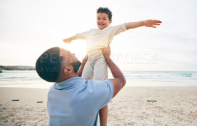 Buy stock photo Happy, father and son playing, beach and summer holiday with happiness, travel and bonding. Portrait, dad and male child on a seaside vacation, quality time and fun on a break, activity and smile