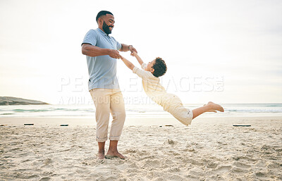Buy stock photo Freedom, father and boy child at a beach with swing, fun and game while bonding in nature together. Love, ocean and parent playing with kid at the sea for travel holiday and vacation in Cancun 