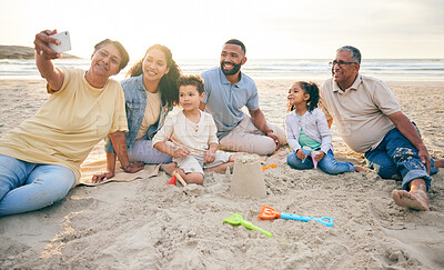 Buy stock photo Family, generations and selfie on the beach, travel and tropical vacation with memory and social media post. People outdoor, grandparents and parents with young kids, adventure and smile in picture