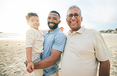 Buy stock photo Summer, portrait and family at the beach in the morning for walking, travel or holiday in Spain. Smile, sunshine and father, child and grandfather at sea for a vacation, care and time at the ocean