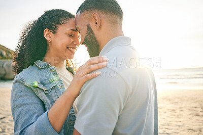 Buy stock photo Hug, beach and couple with love, marriage and quality time with happiness, summer holiday and romantic. Romance, happy man and woman embrace, seaside vacation and travel with relationship and sunset