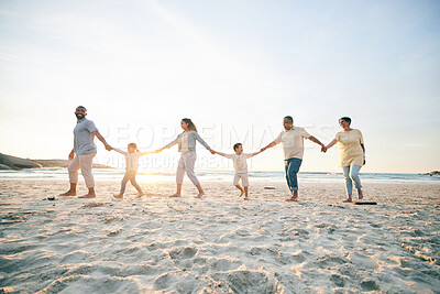 Buy stock photo Family, walking and beach with holding hands for love in outdoor on vacation with sunshine. Care, generations and children or parents at ocean for travel in summer with bond, freedom in mockup space.
