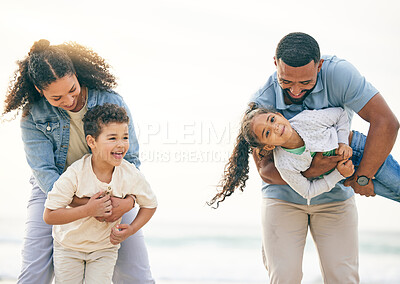 Buy stock photo Happy, vacation and family at the beach, playing and bonding outdoor in nature together. Smile, love and children with parents and the sea for holiday, travel and relax, freedom and games in Cancun