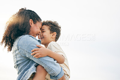Buy stock photo Beach, sunset and love of mom for child, boy or son together outdoor in nature on holiday, vacation or heads touching with a smile. Mother, woman and kid with happiness, care and mockup with sky