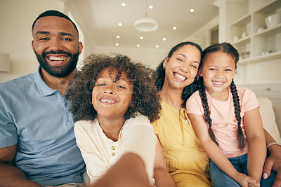 Buy stock photo Parents, kids and portrait for selfie in home for love, care and quality time together. Face of mother, father and happy young children taking photograph for memory, relax and support in family house