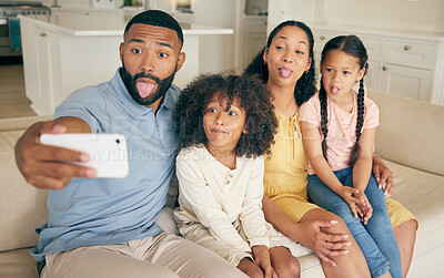 Buy stock photo Funny face, family and selfie in home living room, bonding together and relax. Smile, profile picture and children with mother and father taking photo for happy memory on social media, love and care