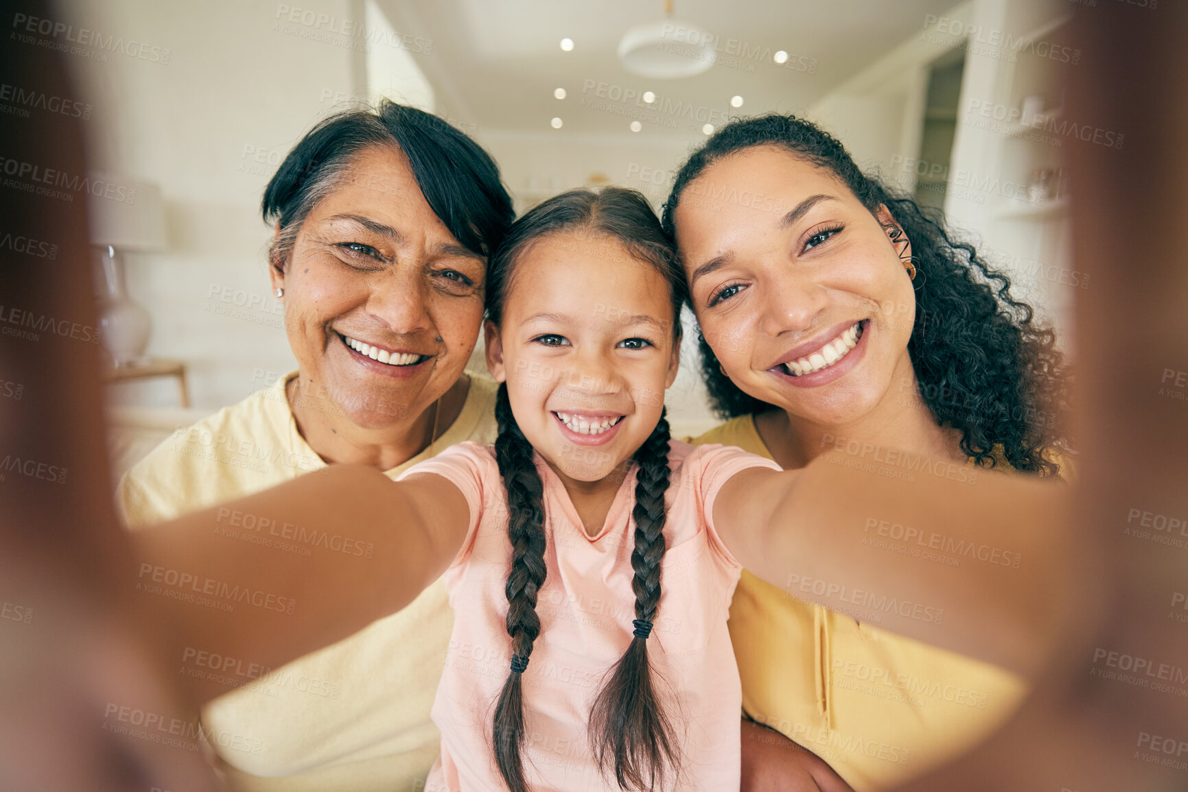 Buy stock photo Portrait of grandma, child and selfie of mother in home, bonding together and love. Face, profile picture and mom, grandmother and girl taking photo for family memory on social media, smile and happy