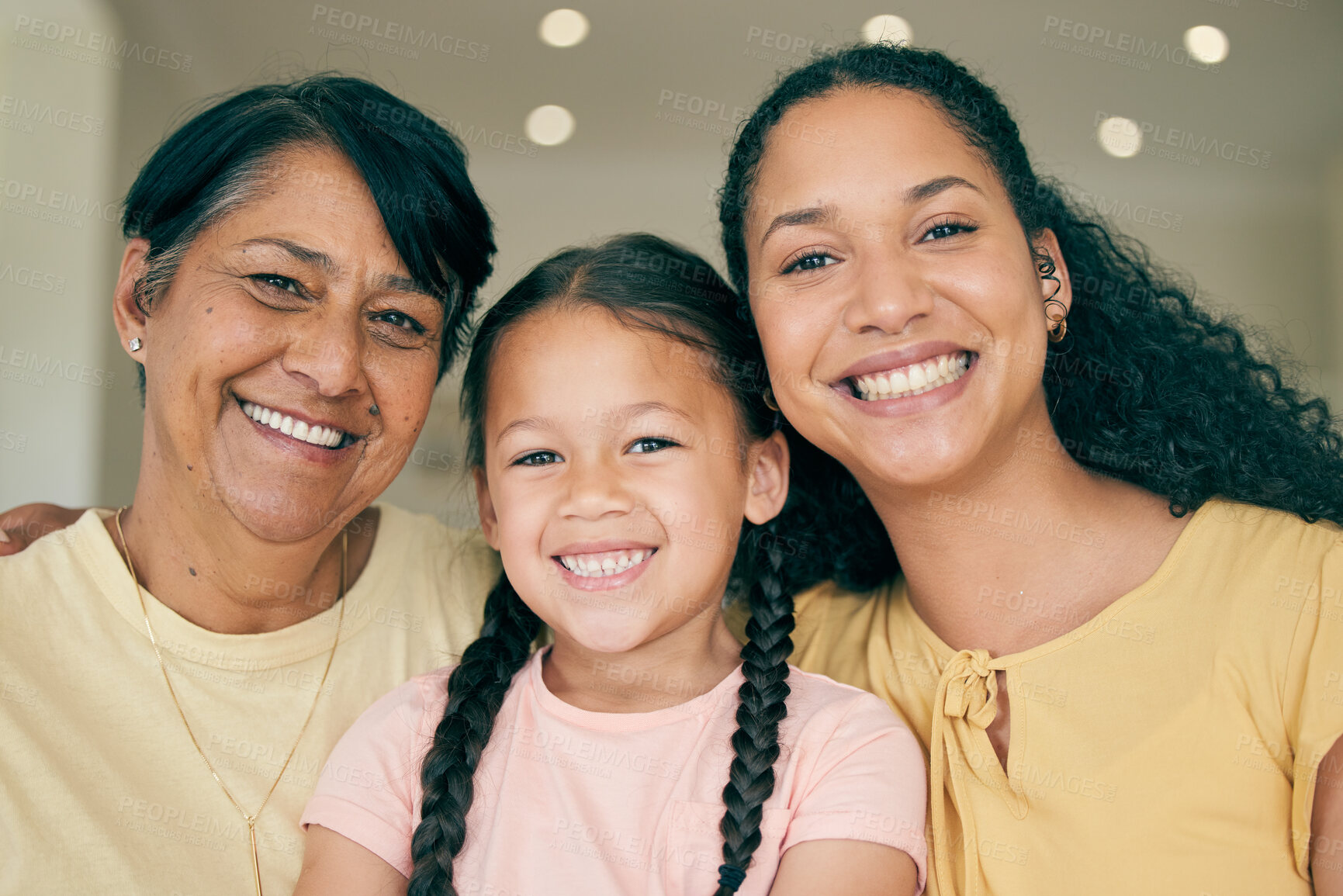 Buy stock photo Happy, smile and generations with portrait of family in living room for love, relax and support. Retirement, happiness and grandmother with child and mother at home for care, trust and free time 