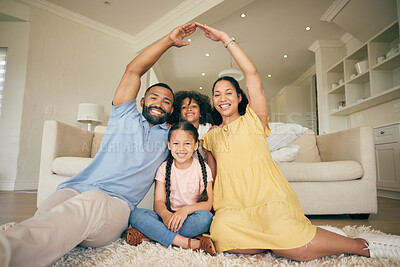 Buy stock photo Roof hands, home family portrait and smile for safety security, real estate investment and house insurance cover. Love, mortgage and relax mom, dad and kids happiness for homeowner housing protection