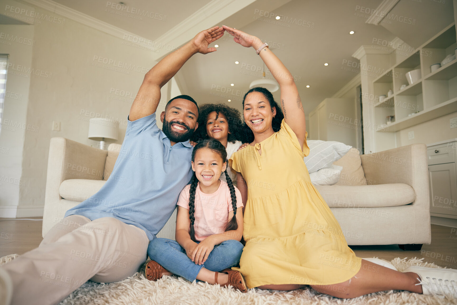 Buy stock photo Roof hands, home family portrait and smile for safety security, real estate investment and house insurance cover. Love, mortgage and relax mom, dad and kids happiness for homeowner housing protection