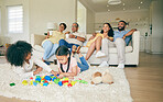 Big family, toys and children playing with parents and grandparents in lounge at home together for creative fun. Living room, happy and development of kids on carpet floor with games by mom and dad