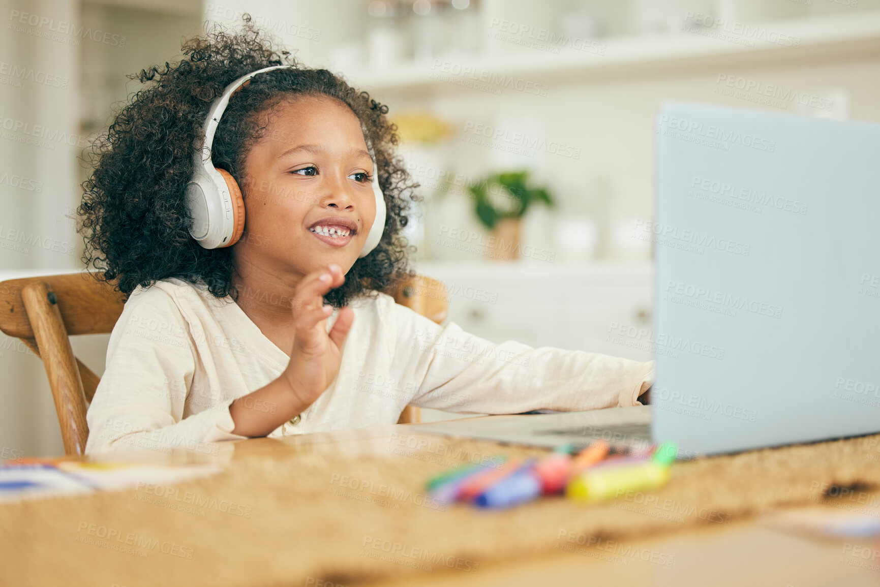 Buy stock photo Wave, elearning or child with laptop for education, remote learning or knowledge in online class at home. Smile, kid or happy kindergarten student ready for assessment test or studying on video call 