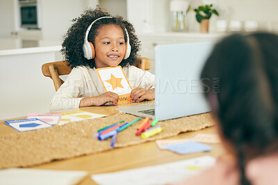 Buy stock photo Shape, video call or happy kid with laptop for education, remote learning or knowledge in online class at home. Girl, child or kindergarten student ready for elearning assessment test or studying 