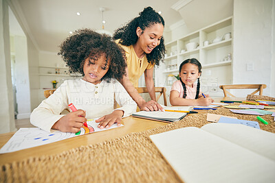 Buy stock photo Writing, learning and children with mother for home education and support, creativity and color guide. African kids, family and mom talking, teaching and helping with school drawing for development