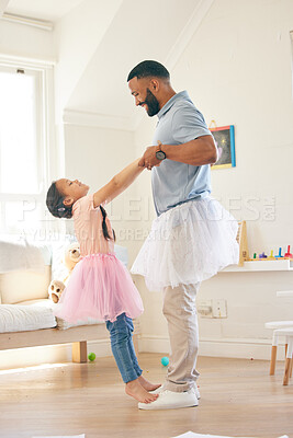 Buy stock photo Ballet dance, father and happy kid play pretend game, learning routine steps and enjoy home fun, support and bond. Holding hands, Halloween fantasy costume and ballerina child and family dad playing