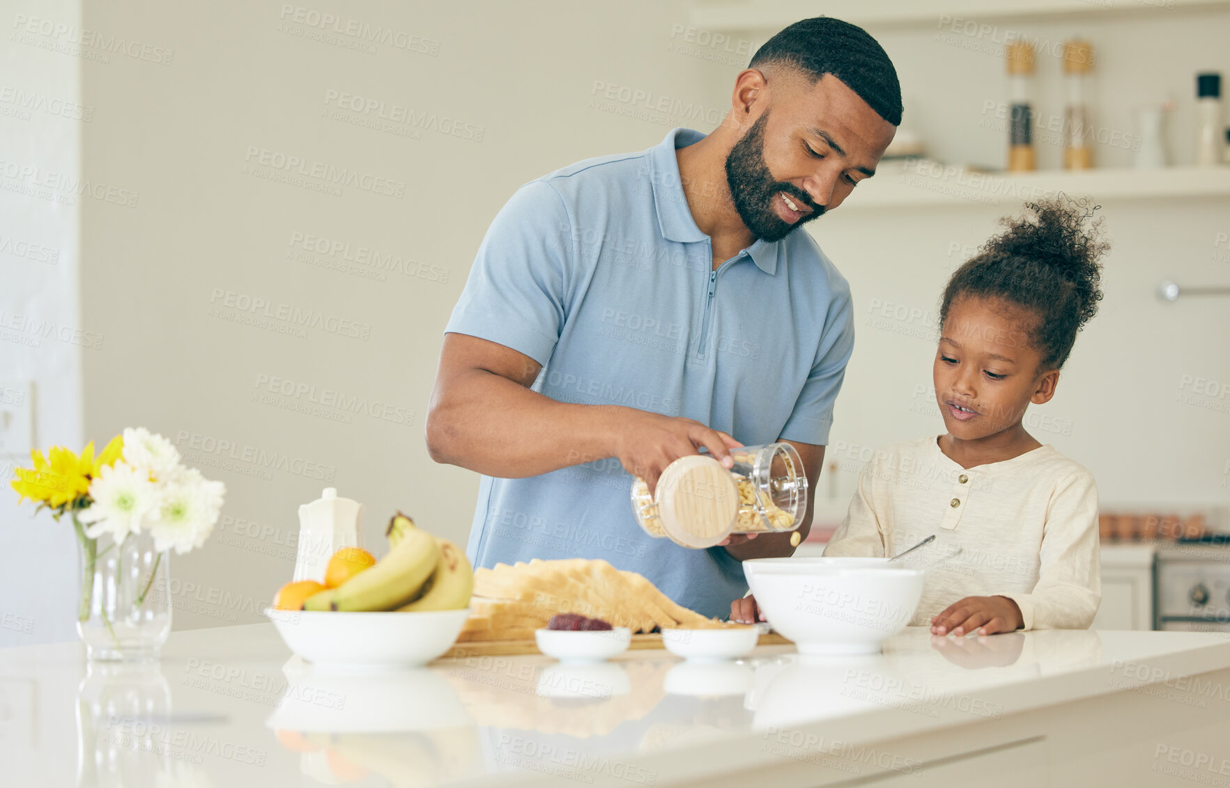 Buy stock photo Father, cereal and children in kitchen for breakfast, lunch and prepare meal at home together. Happy family, parents and dad with girl with food for healthy diet, hunger and nutrition in morning