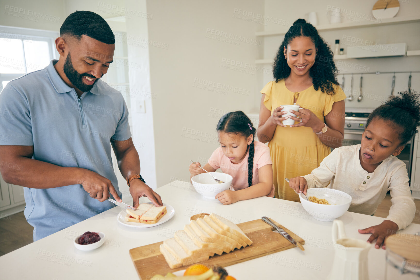 Buy stock photo Parents, prepare and children in kitchen for breakfast, lunch and eating meal at home together. Happy family, morning and girls, mother and father with food for healthy diet, hunger and nutrition