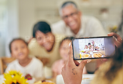 Buy stock photo Phone, photography or happy grandparents with children in living room bonding together as a family in Mexico. Picture, blur or elderly man relaxing with old woman or kids at home on holiday vacation