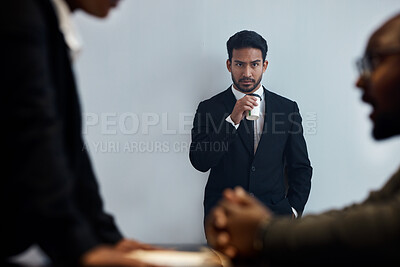 Buy stock photo Detective, interview and criminal with man and suspect in interrogation room for law, crime and corruption. Justice, conversation and police with people in prison for information, jail and arrest