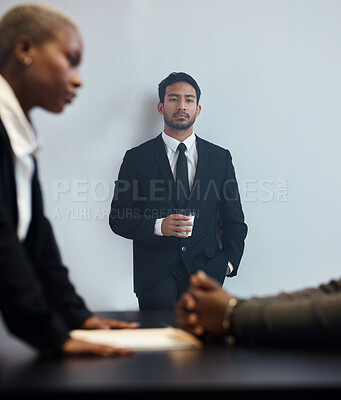 Buy stock photo Justice, detective and crime with people in interrogation room for law, security and interview questions. Legal, conversation and police with criminal and investigator for information, jail or arrest
