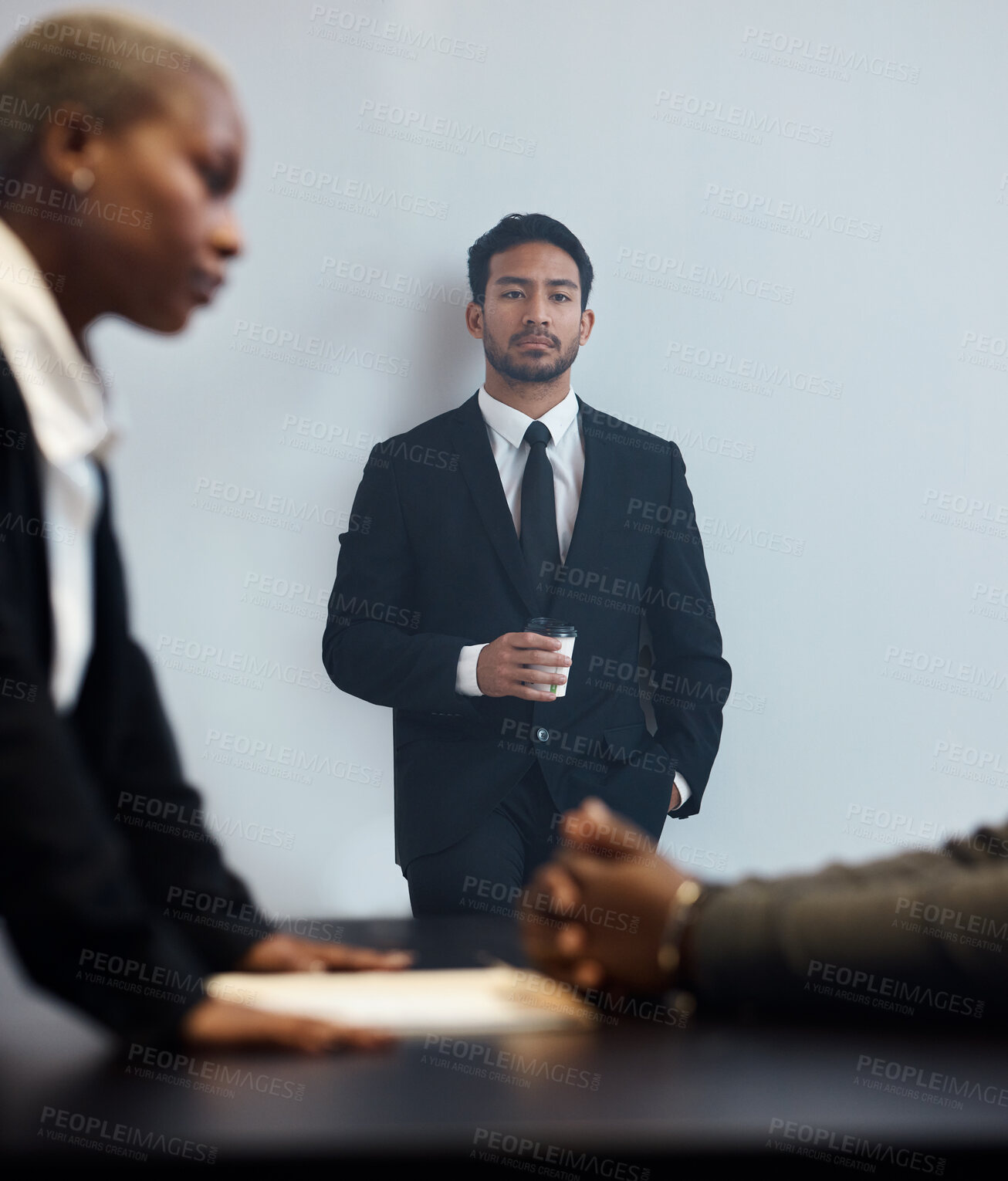 Buy stock photo Justice, detective and crime with people in interrogation room for law, security and interview questions. Legal, conversation and police with criminal and investigator for information, jail or arrest