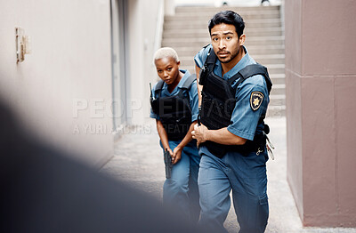 Buy stock photo Asian man, police and gun running in city for suspect, investigation or catching criminal together. Serious male person, security guard or cop with partner for backup or crime in alley of urban town