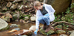 Forest, water and woman scientist test sample for research or inspection of the ecosystem and environment study. Science, sustainable and professional environmentalist doing carbon footprint exam