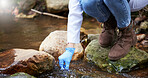 Forest, sample and hands of environmentalist test water for research or inspection of the ecosystem and environment study. Science, sustainable and professional scientist doing carbon footprint exam