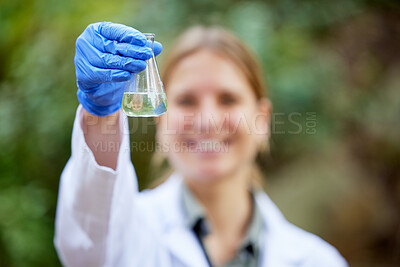 Buy stock photo Forest, sample and professional scientist test water for research or inspection of the ecosystem and environment study. Science, sustainable and woman environmentalist doing carbon footprint exam