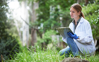 Buy stock photo Science in forest, analysis and woman with checklist in nature, studying growth of trees and sustainable plants. Ecology, green development and research in biology, scientist with clipboard on grass.