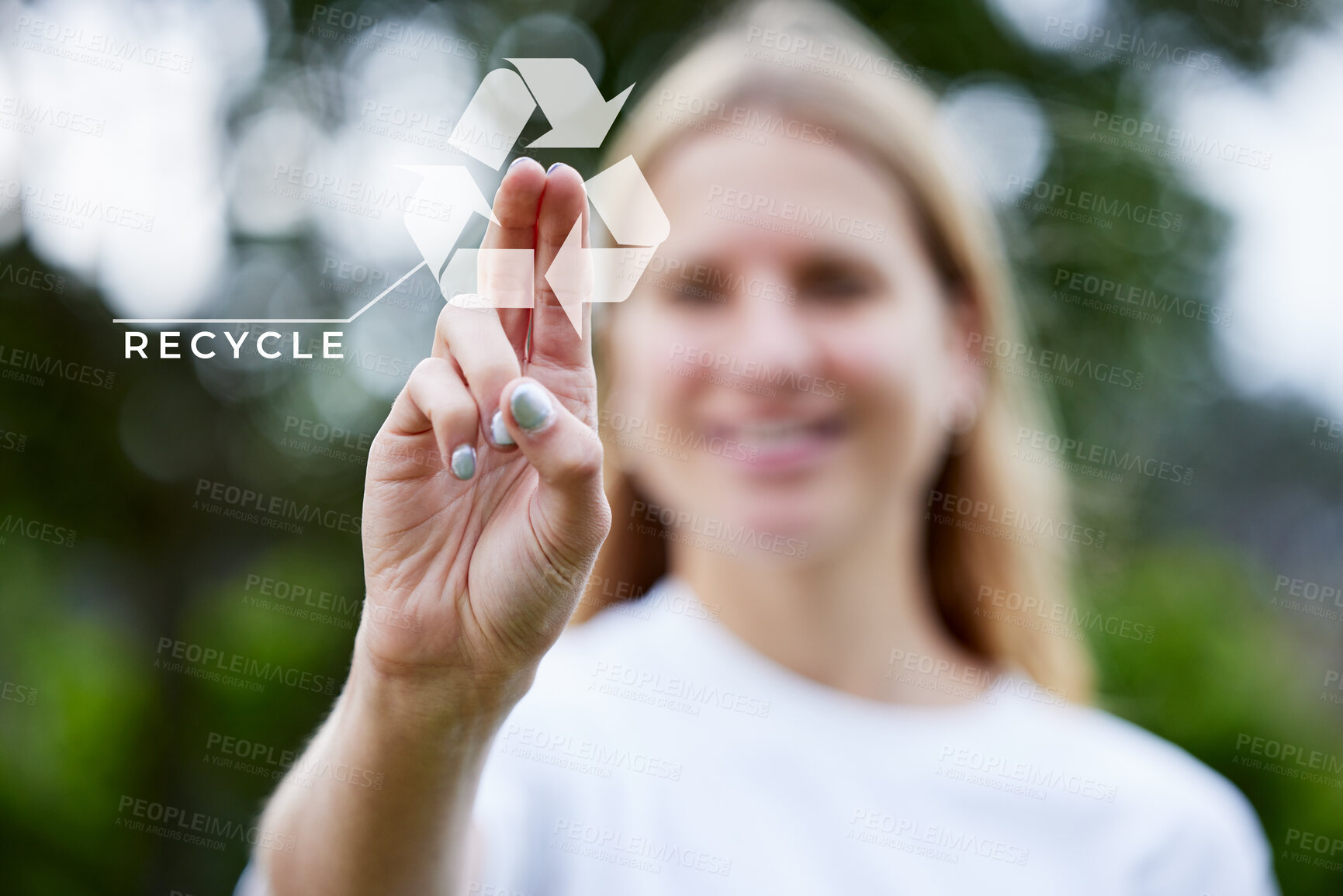 Buy stock photo Recycle, touch screen and woman with eco friendly overlay, green technology or hologram for sustainability. Sustainable, digital and climate change icon, sign and graphic with volunteer hand in park 