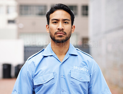 Buy stock photo Portrait, man and serious security guard for police service, crime protection and safety in city street. Law enforcement, professional bodyguard and asian male officer in blue shirt outdoor on patrol