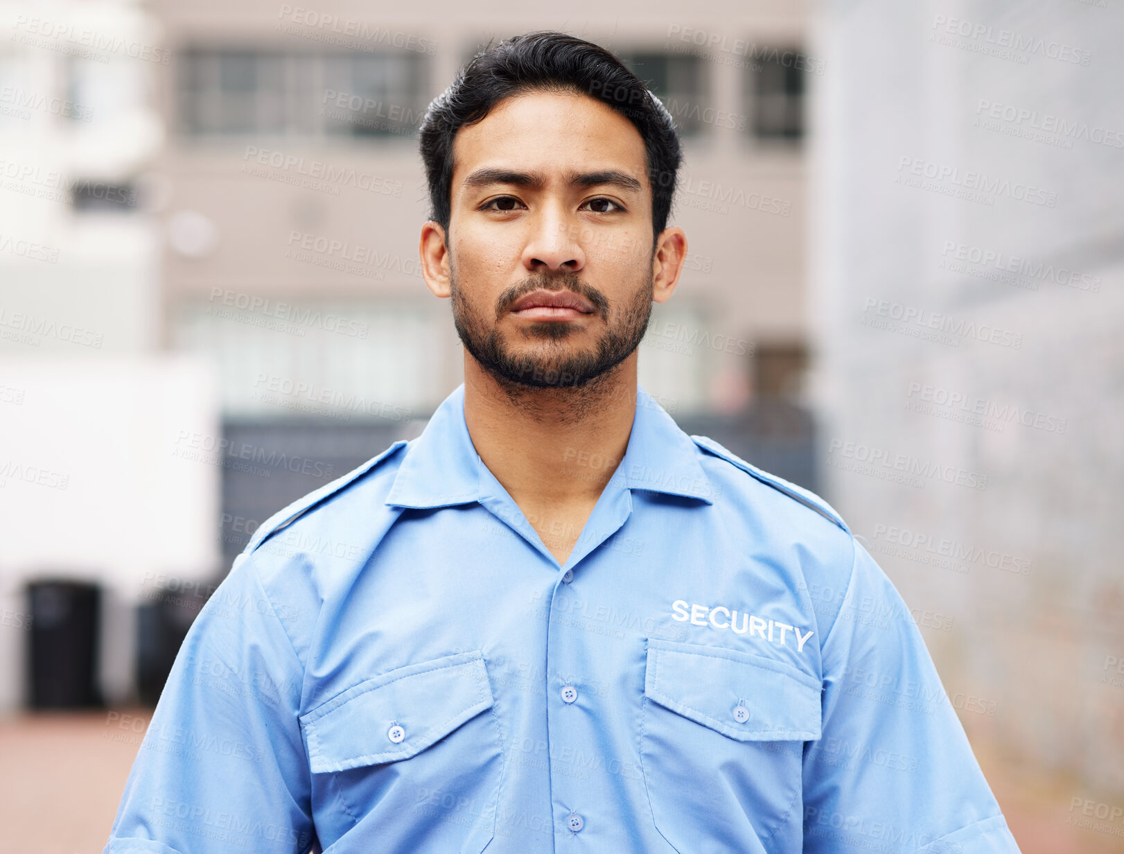 Buy stock photo Portrait, man and serious security guard for police service, crime protection and safety in city street. Law enforcement, professional bodyguard and asian male officer in blue shirt outdoor on patrol