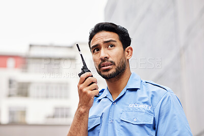 Buy stock photo Walkie talkie, man and asian security guard for safety, city watch or call backup for help. Police officer, bodyguard and cop contact on radio communication, crime investigation or urban surveillance