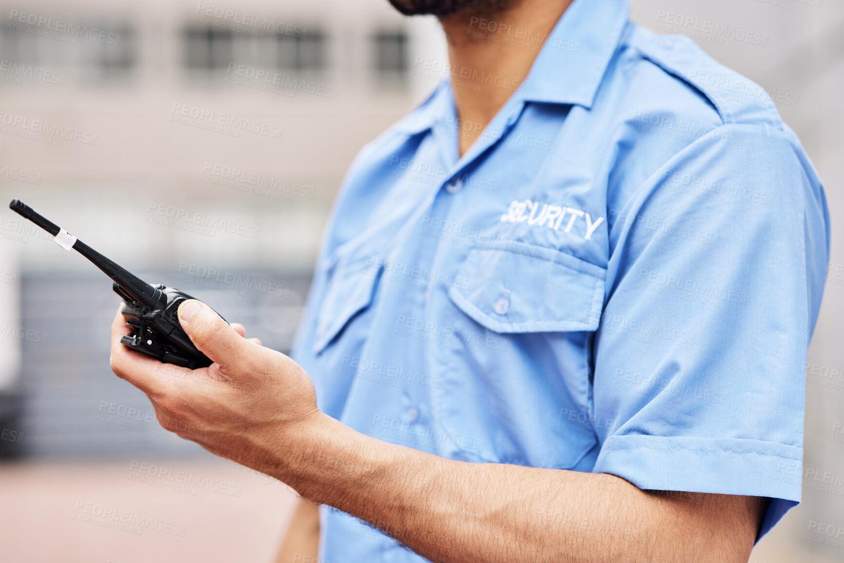 Buy stock photo Walkie talkie, man and hands of security guard for safety, justice and call backup in city. Closeup of police officer, bodyguard and contact on radio communication, crime watch and urban surveillance