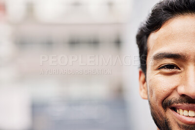 Buy stock photo Happy, half and portrait of a man in the city for business, work or mockup space for advertising. Smile, face and an Asian employee or businessman with bokeh for marketing or urban board in town