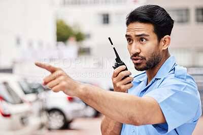 Buy stock photo Security man, radio and point in street for inspection, law or warning with call, backup and city. Police officer, outdoor and communication to stop crime on walkie talkie, public services or safety