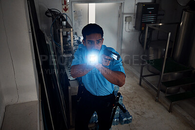 Buy stock photo Flashlight, security and man with gun for investigation, inspection and property search at night. Surveillance, weapon and police male person in dark room for safety, crime and protection service