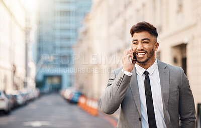 Buy stock photo Phone call, smile and businessman walking in the city on a company consultation or conversation. Happy, technology and professional male lawyer talking on cellphone for communication in an urban town