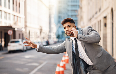 Buy stock photo Business man, wave and taxi with phone call, transport and travel on smartphone, booking or city. Entrepreneur, cellphone and sign for driver, bus or transportation in metro street, cbd and outdoor