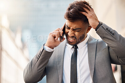 Buy stock photo Phone call, angry lawyer and man in city with problem, fight or conflict in conversation. Stress, crisis or frustrated attorney with smartphone, chat or listen to contact for legal discussion outdoor