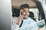 Business man, phone call or smile in car for communication, mobile networking or travel journey. Indian male worker thinking of vision, talking to smartphone contact or driving in taxi transportation