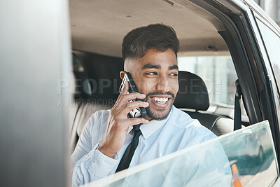 Buy stock photo Business man, phone call or smile in car for communication, mobile networking or travel journey. Indian male worker thinking of vision, talking to smartphone contact or driving in taxi transportation