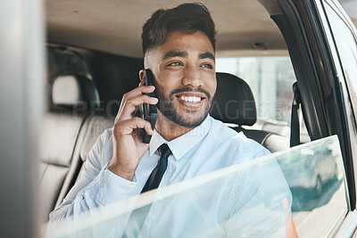 Buy stock photo Business man, phone call and travel in car for communication, mobile networking or thinking of chat. Face, happy indian corporate worker or talking to contact, smartphone or driving in taxi transport