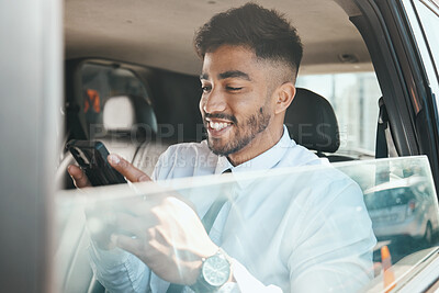 Buy stock photo Business man, car and typing with phone for digital communication, mobile networking and chat. Happy indian corporate worker texting contact on smartphone, reading notification or travel in transport