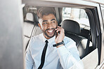 Thinking, happy and businessman on phone call in a car for travel communication and work. Smile, ideas and a young corporate employee in a taxi or transport while speaking on a mobile in the morning